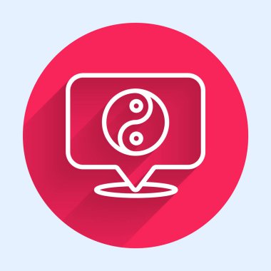 Beyaz çizgi Yin Yang uyum ve denge sembolü uzun gölge arkaplan izole. Kırmızı daire düğmesi. Vektör