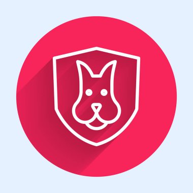 Beyaz çizgi Hayvan Sağlık Sigortası ikonu uzun gölgeli. Hayvan koruma konsepti. Köpek ya da kedi pençesi izi. Kırmızı daire düğmesi. Vektör