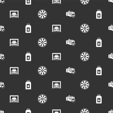 Motoru kontrol et, motor yağı için teneke kutu, araba yıkama ve tekerlek arabaları sorunsuz çalışıyor. Vektör