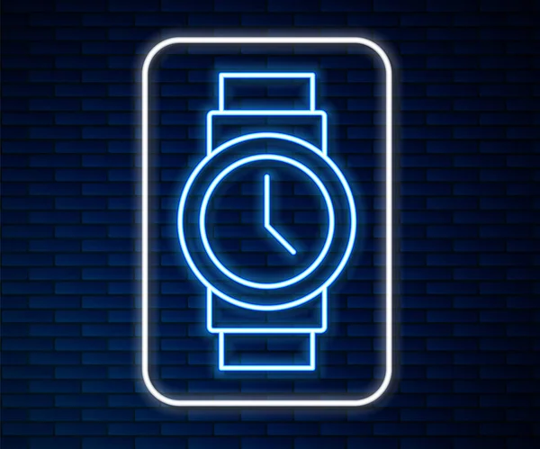 Linha de néon brilhante ícone relógio de pulso isolado no fundo da parede de tijolo. ícone de relógio de pulso. Vetor — Vetor de Stock