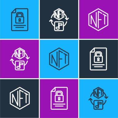 Satır Belgesi ve kilidini ayarla, NFT Dijital Şifreleme Sanatı ve Simgesi. Vektör
