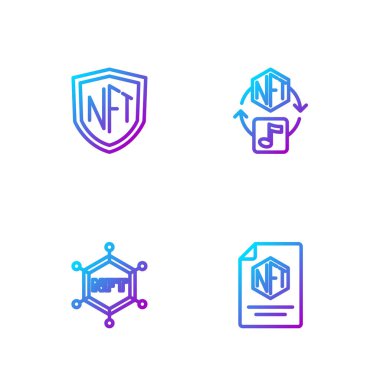 NFT sözleşmesi, engelleme teknolojisi, kalkan ve dijital şifreleme sanatı. Renk simgeleri. Vektör