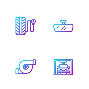 Hat oto yıkama, otomotiv turbo şarj aleti, lastik basınç göstergesi ve ayna ayarlayın. Renk simgeleri. Vektör