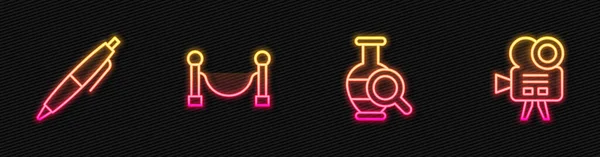 Set line Ancient amphorae, Pen, Rope barrier and Retro cinema camera. Glowing neon icon. Vector — ストックベクタ