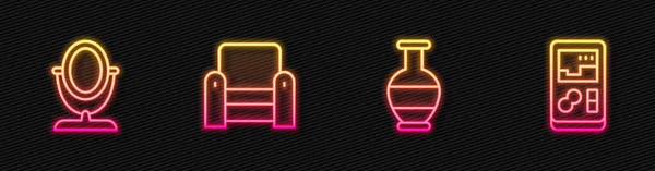 Set line Ancient amphorae, Round makeup mirror, Armchair and Portable video game console. Glowing neon icon. Vector — Vetor de Stock