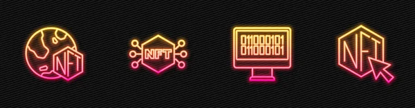 Satır İkili Kodu, NFT Dijital Şifreleme Sanatı ve. Parlayan neon ikonu. Vektör — Stok Vektör