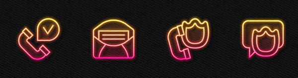 Set line Telephone handset with shield, Mail e-mail and Speech bubble chat. Glowing neon icon. Vector — 스톡 벡터