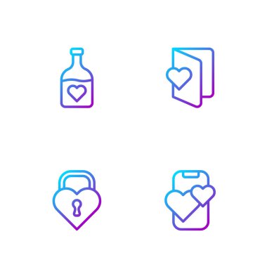 Online Flört uygulaması, Castle kalp şekli, aşk iksiri şişesi ve Sevgililer Günü broşürü. Renk simgeleri. Vektör