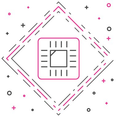 Beyaz arkaplanda mikro devre işlemci simgesi olan çizgi bilgisayar işlemcisi izole edildi. Devre kartlı çip ya da işlemci. Mikro işlemci. Renkli taslak konsepti. Vektör.