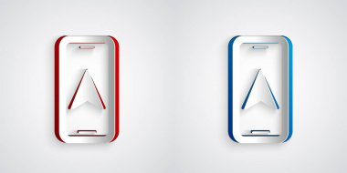 Kağıt kesiği Şehir Haritası yön bulma simgesi gri arkaplanda izole edildi. Mobil Uygulama Arayüzü tasarımı. Coğrafi konsept. Kağıt sanatı tarzı. Vektör.