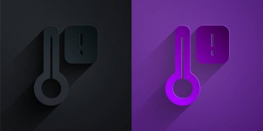 Kağıt kesiği sauna termometre simgesi mor arkaplanda siyah üzerine izole edilmiş. Sauna ve banyo malzemeleri. Kağıt sanatı tarzı. Vektör