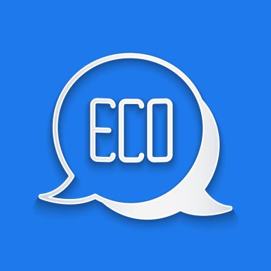 Kağıt kesiği Yaprak Eko sembol simgesi mavi arkaplanda izole edildi. Pankart, etiket, etiket, logo, çevre yeşili etiketi. Kağıt sanatı tarzı. Vektör