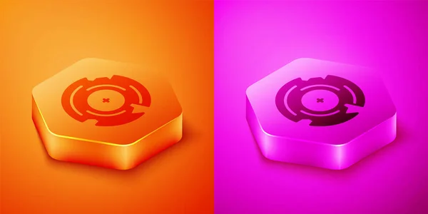 Isometric Vinyl Disk Icon Isolated Orange Pink Background Hexagon Button — Stock Vector