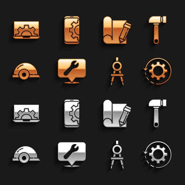 Set Location Wrench Spanner Hammer Gear Arrows Workflow Drawing Compass — Vector de stock