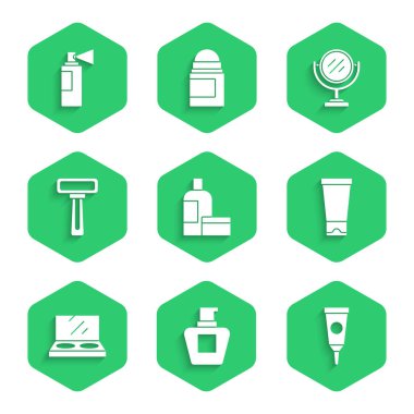 Krem ya da losyon kozmetik tüpü, aynalı makyaj tozu tıraş bıçağı, yuvarlak makyaj malzemesi ve parfüm ikonu. Vektör