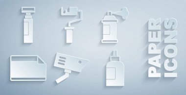 Güvenlik kamerası, boya spreyi, kağıt yapıştırıcı çıkartması, boya, guaj, kavanoz, boya, paten fırçası ve kalem simgesini ayarla. Vektör