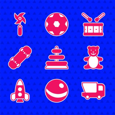 Piramit oyuncağı, plaj topu, oyuncak kamyon, oyuncak ayı pelüşü, roket gemisi, kaykay, davul sopalı davul ve fırıldak ikonu. Vektör