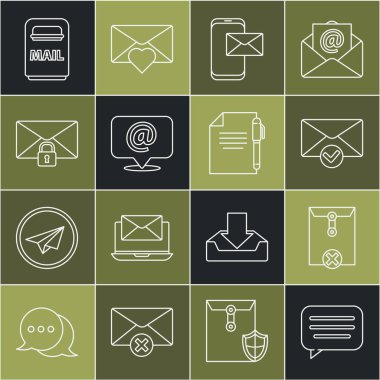 Konuşma baloncuğu sohbetini, zarfı sil, zarfı sil ve işaretle, Mobile, e-posta adresini konuşma, mesaj kilidi şifresi, kutu ve belge kalem simgesini ayarla. Vektör