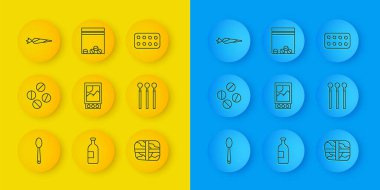 Bir kaşıkta eroin, ilaç hapı veya tablet, kibrit kutusu ve kibrit kutusu, kokain, kibrit kutusu, esrar, hap torbası ve uyuşturucu ikonu paketi. Vektör