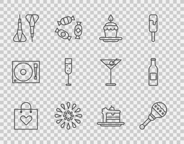 Yürekli alışveriş torbası, Maracas, pasta yakan mumlar, Havai fişek, Dart oku, bir kadeh şampanya ve bira şişesi ikonu. Vektör