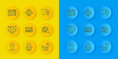 Çizgi haritası işaretçisini yıldız ile ayarla, şehir haritası navigasyon bilgileri, şehir, rota konumu, Arama ve Dünya pusula simgesi. Vektör