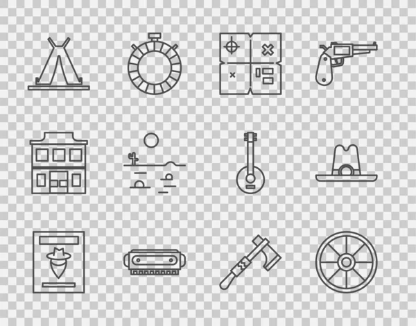 Set Line Cartel Occidental Buscado Rueda Madera Vieja Mapa Del — Archivo Imágenes Vectoriales