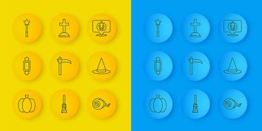 Balkabağı, Şeker, Tırpan, Göz, Cadı şapkası, Sihirli değnek ve haç ikonlu Tombstone. Vektör