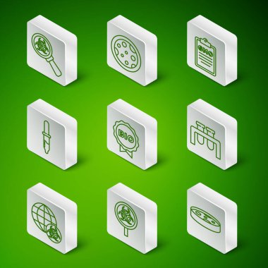 Petri kabını bakteri, biyolojik tehlike ve büyüteç ile ayarla, biyo-sağlıklı yiyecek etiketi, Pipette, GMO ve test tüpü ikonu. Vektör