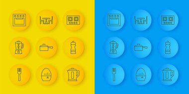 Çatal, blender, kızartma tavası, elektrikli su ısıtıcısı, biber, fırın, ocak ve sandalye ikonlu ahşap masa. Vektör