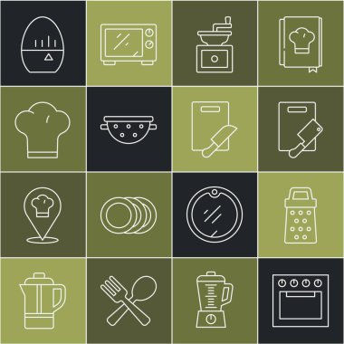 Fırın, Öğütücü, kesme tahtası ve et helikopteri, el yapımı kahve öğütücü, mutfak süzgeci, Şef şapkası, zamanlayıcı ve bıçak ikonu. Vektör