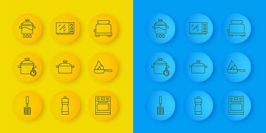 Barbekü spatulası, pişirme kabı, fırın, kızartma tavası, tost makinesi ve mikrodalga fırın ikonu. Vektör