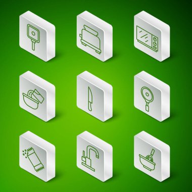 Mutfak çırpıcısını kase, su musluğu, kızartma tavası, bıçak, tencere, tost makinesi, biber ve ikon ile ayarla. Vektör