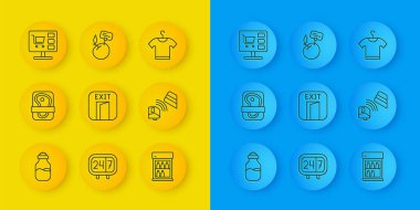 Spice in Can, Fire çıkışları, ticari buzdolabı, kredi kartlı POS terminali, bilgisayar alışveriş arabası, tişört ve süpermarket ürünleri fiyat etiketi ikonu. Vektör