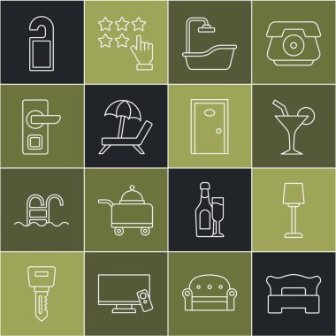 Yatak odası, masa lambası, kokteyl, küvet, şemsiyeli güneş yatağı, dijital kapı kilidi lütfen rahatsız etmeyin ve otel ikonu. Vektör