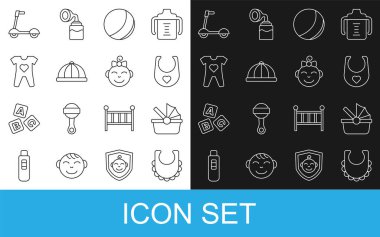 Çizgi bebek önlüğü, bebek arabası, plaj topu, şapka, kıyafetler, patenli scooter ve küçük kız kafa ikonu. Vektör