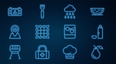 Pear hattı, termos kabı, yağmurlu bulut, kareli peçete, piknik yeri, taşınabilir oyun konsolu, viski buzu ve çatal simgesi. Vektör