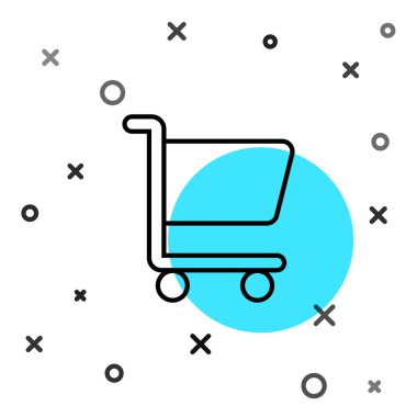 Siyah çizgili alışveriş arabası simgesi beyaz arkaplanda izole edilmiş. İnternetten satın alma konsepti. Servis tabelası. Süpermarket sepeti sembolü. Rastgele dinamik şekiller. Vektör