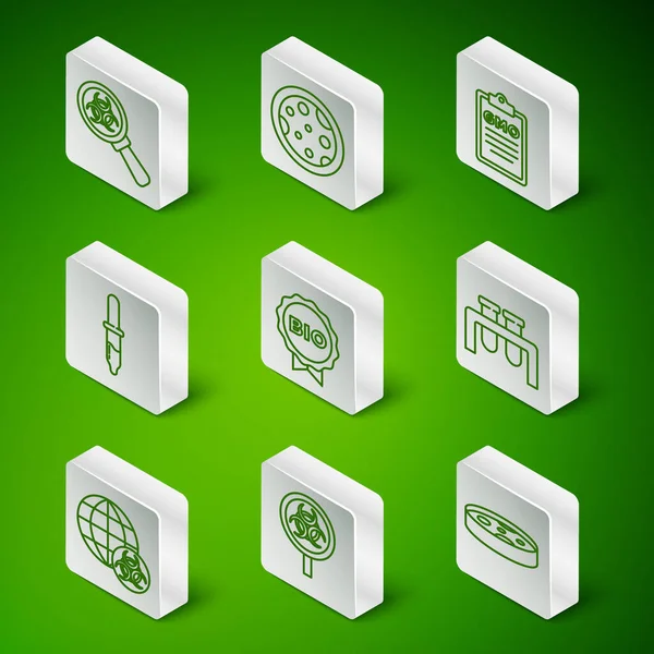 Petri kabını bakteri, biyolojik tehlike ve büyüteç ile ayarla, biyo-sağlıklı yiyecek etiketi, Pipette, GMO ve test tüpü ikonu. Vektör