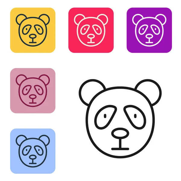 Siyah çizgi şirin panda yüzü simgesi beyaz arkaplanda izole edilmiş. Hayvan sembolü. Renkli kare düğmelerle simgeleri ayarla. Vektör.