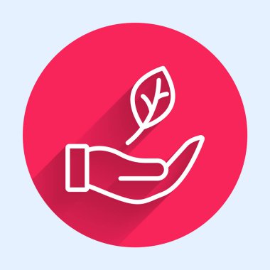 Beyaz çizgili El, bitki simgesinden uzun gölgeli bir yaprak tutuyor. Doğayı koru. Yaprak, çevre korumasıyla çekiliyor. Kırmızı daire düğmesi. Vektör