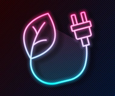 Siyah arkaplanda izole edilmiş yaprak simgesinde parlayan neon hattı elektrik kaydediliyor. Elektrik tasarrufu. Çevresel koruma. Biyolojik enerji. Vektör