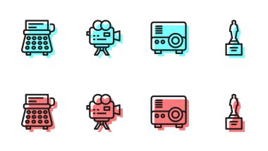 Medya projektörü, Retro daktilo, sinema kamerası ve Movie kupa ikonu. Vektör.