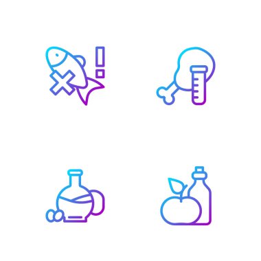 Bir şişe zeytinyağının içine elma sirkesi koy balık olmasın ve genetiği değiştirilmiş tavuk. Renk simgeleri. Vektör.