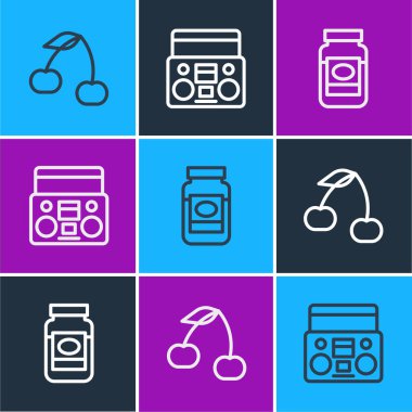 Hattı iki hoparlörlü Cherry Jam kavanozu ve ev teybi ile ayarla. Vektör.