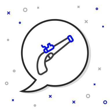 Beyaz arkaplanda izole edilmiş çizgi klasik tabanca ikonu. Eski bir silah. Renkli taslak konsepti. Vektör