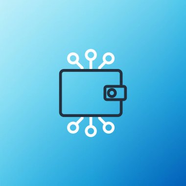 Satır Kripto para birimi cüzdan simgesi mavi arkaplanda izole edildi. Cüzdan ve bitcoin işareti. Maden konsepti. Para, ödeme, nakit, ödeme ikonu. Renkli taslak konsepti. Vektör