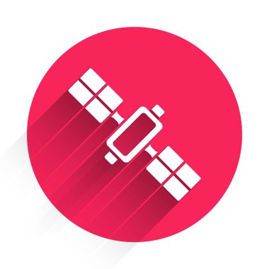 Beyaz uydu simgesi uzun gölgeli. Kırmızı daire düğmesi. Vektör