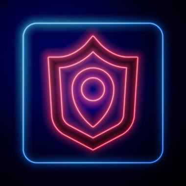 Siyah arkaplanda parlayan neon konum ikonu izole edildi. Sigorta konsepti. Gardiyan. Güvenlik, güvenlik, koruma, gizlilik kavramı. Vektör