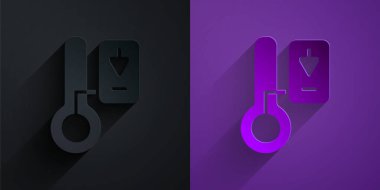 Kağıt kesiği sauna termometre simgesi mor arkaplanda siyah üzerine izole edilmiş. Sauna ve banyo malzemeleri. Kağıt sanatı tarzı. Vektör