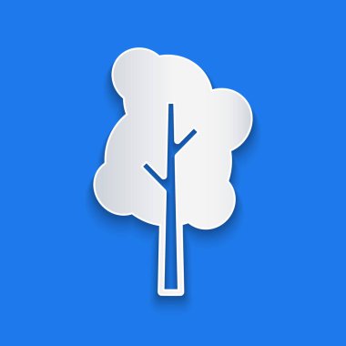 Kağıt kesiği ağaç simgesi mavi arkaplanda izole edildi. Orman sembolü. Kağıt sanatı tarzı. Vektör